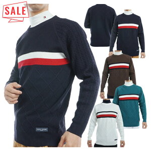 【セール対象】 トミーヒルフィガー ゴルフ セーター メンズ 長袖 ニット クルーネック 遠赤外線保温 ホットレイ ゴルフウェア ブランド 無地 ストライプ ロゴ 秋 冬 THMA473
