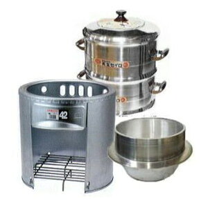 (本格餅つき3点セット) ホームカマド42cm HK-42S 羽釜33cm 長生セイロ(公徳セイロ)33cm 2段重(蓋1・体2・スノコ2)