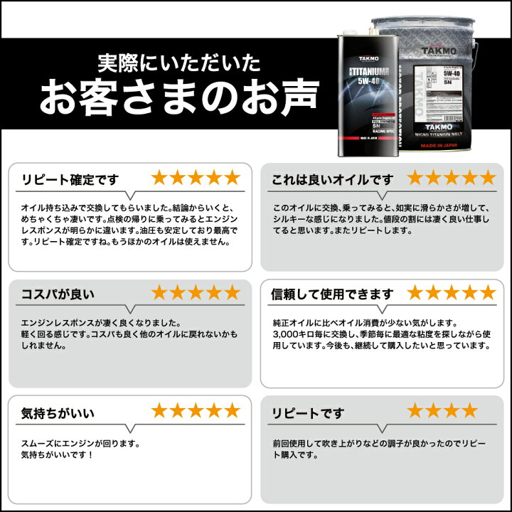 楽天市場】TAKMO エンジンオイル 20L 5W-40 チタニウム配合 ガソリン車 