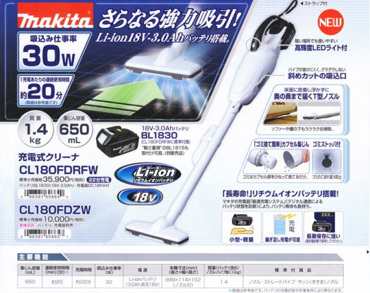 楽天市場】makita□マキタ 18V 充電式 ハンディクリーナー CL180FDRFW 