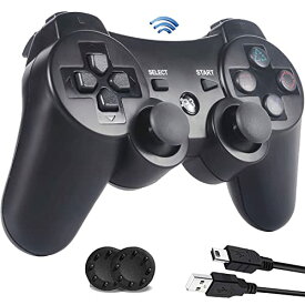 PS3 コントローラー 2022アップグレード版 DUALSHOCK3用 コントローラー Bluetooth 振動機能 ワイヤレス ゲームパッド USB ケーブル PS3 ワイヤレスコントローラー アシストキャップ 2枚付き (ブラック)