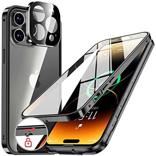 ロック機能付き 自動ポップアップボタン  iPhone14 Pro Max 用 ケース クリア  両面強化ガラス  9H硬度  一体型レンズ保護  アイフォン14プロマックス カバー アルミバンパーケース メタルフレーム 耐衝撃 傷防止 高感度タッチ