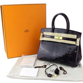 HERMES エルメス バーキン30 ポロサス リセ シャイニー オーベルジーヌ A刻印 ゴールド金具【代引き無料】バッグ クロコダイル 紫【中古】22680903
