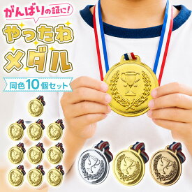 やったねメダル 10個セット メダル 金メダル 銀メダル 銅メダル ご褒美メダル 表彰メダル 子供 景品 運動会 表彰式 キッズイベント パーティー イベント ゲーム大会 学芸会 発表会 卒園 卒業 記念品 トロフィー おもちゃ 首掛け リボン付き 軽量 プラスチック