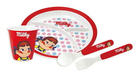 ミルキーペコちゃんメラミン食器セットペコ柄トレー カップ フォーク スプーン 【新品同様品】不二家 ペコちゃん ポコちゃんペコポコ ミルキー皿 コップ カトラリー