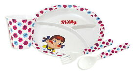 ミルキーペコちゃんメラミン食器セットフラワー柄トレー カップ フォーク スプーン 【新品同様品】不二家 ペコちゃん ポコちゃんペコポコ ミルキー皿 コップ カトラリー