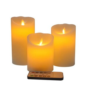 FlamelessCandlesBatteryOperatedLED3FlashingFlames10ButtonRemoteControlTimerCylindricalShapeCreamCandle