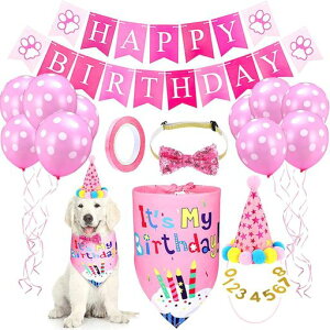 HOOWDAMYペット誕生日帽子犬バースデー飾り付けペット犬猫誕生日数字付きおしゃれ帽子蝶ネクタイバンダナ風船誕生日グッズ誕生日記念日バナーパーティー飾り(ピンクの風船セット)
