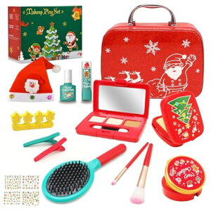 CORPERTOYSメイクセットメイクおもちゃおままごとクリスマステーマステッカー付きサンタの帽子お化粧ブラシドレッサーなりきり色が付けない子供女の子メイク道具収納ボックス付きプレ…