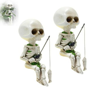 釣りのスカル骸骨人形置き物水槽アクアリウム卓上ガーデン池畔水族館装飾ハロウィンインテリア雑貨ホラーフィギュア樹脂工芸品2個セット