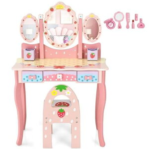 Giantex子供ドレッサー木製椅子付きおままごとアクリルミラー化粧品アクセサリー付き引き出し収納鏡台姫系小さい化粧台おもちゃ知育玩具メイクセットプリンセス女の子ごっこ遊び子供…