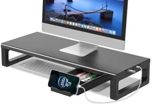 EAYHMモニター台USB2.0/3.0データ転送付き机上台USB/TYPE-C充電付きディスプレイ台引き出しとスマホホルダー付きパソコン台モニタースタンドプリンター/iMac/タブレットパソコンに適用耐荷重25kg