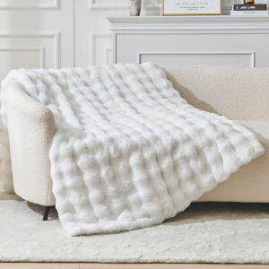 EMMEラビットファー毛布冬用2枚合わせふわとろブランケットハーフサイズ子供用静電気防止洗えるおしゃれ北欧厚手ソファーカバー車用キャンプギフト130x150cmホワイト