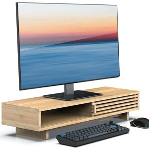 WELLWENGモニター台卓上パソコン台横幅64cm机上台デスクシェルフPCスタンド2段木製天板グリル付きスライディングドアpc台モニタースタンドパソコンスタンド卓上収納整理整頓滑り止めマッ…