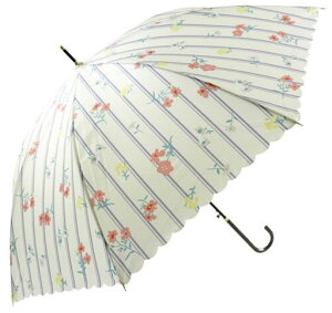 ベーシックスタンダード長傘レディースおしゃれ長柄フェイクレザーハンドル58cmワンタッチジャンプ傘丈夫耐風グラスファイバー骨かわいいフリルカット花柄ストライプホワイト
