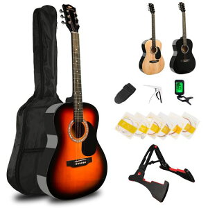 BESYOUアコースティックギター初心者入門用セット大人学生用39インチアコギ練習ギター厳選バスウッド材ギターサンバースト色チューナー付きクラシックギター