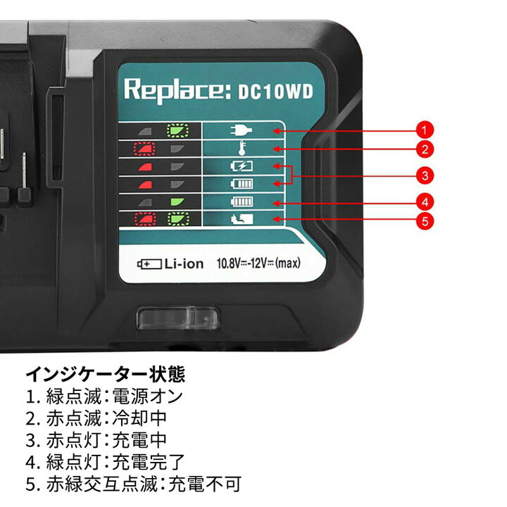 DC10WD(DC10SA) マキタ 互換 充電器 10.8v~12v 対応 インパクトドライバー 電動工具 ハンディー クリーナー コードレス 掃除機 交換用電池 バッテリー充電器 バッテリーチャージャー BL1015など 純正 バッテリー 対応 Hipoke dc10wd 互換充電器 対応 マキタ