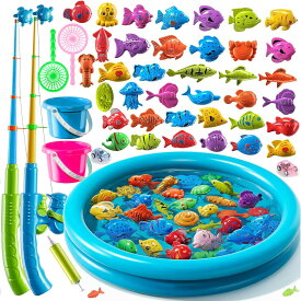 水遊び おもちゃ 魚釣り ゲーム お風呂 62点セット 伸縮式 マグネット釣り竿 釣りバケツ2個付き プール 4人用 知育玩具 室内外 男の子