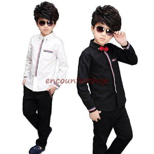 子供服 男 長袖 ワイシャツ キッズ ジュニア 黒 白 ホワイト ブラック 長袖ワイシャツ フォーマル 蝶ネクタイ付 男の子 韓国子供服 入園式