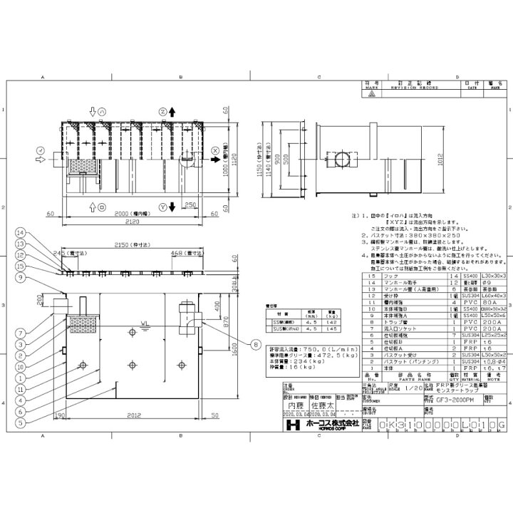 楽天市場】ﾎｰｺｽ GF3-2000PM + 鋼板製蓋 重荷重 T-20 : FRPｸﾞﾘｽﾄﾗｯﾌﾟ 
