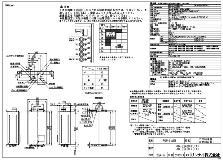 楽天市場】ﾘﾝﾅｲ RUX-E2400FFU(A) LPG (23-5486) : ｴｺｼﾞｮｰｽﾞ 給湯専用 