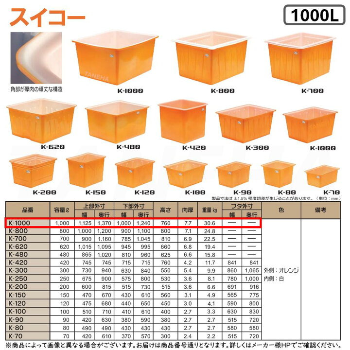 楽天市場】⊥・ ｽｲｺｰ 《K-1000》 K型容器 1000L (外側:ｵﾚﾝｼﾞ 内側:白 