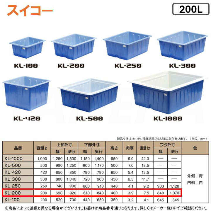 楽天市場】⊥・ ◎ｽｲｺｰ 《KL-200》 KL型容器 200L (外側:青 内側:白 