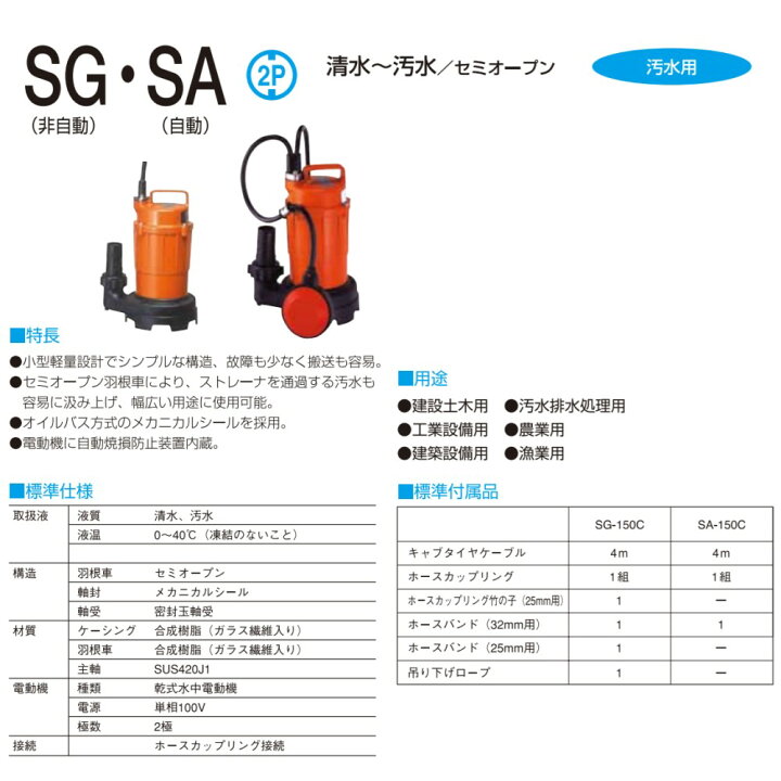 楽天市場 寺田 汚水水中ﾎﾟﾝﾌﾟsa 自動 50hz 32a Sa 150c 32 井戸 汲み上げ 揚水 池 雨水 排水 残水 槽 たね葉