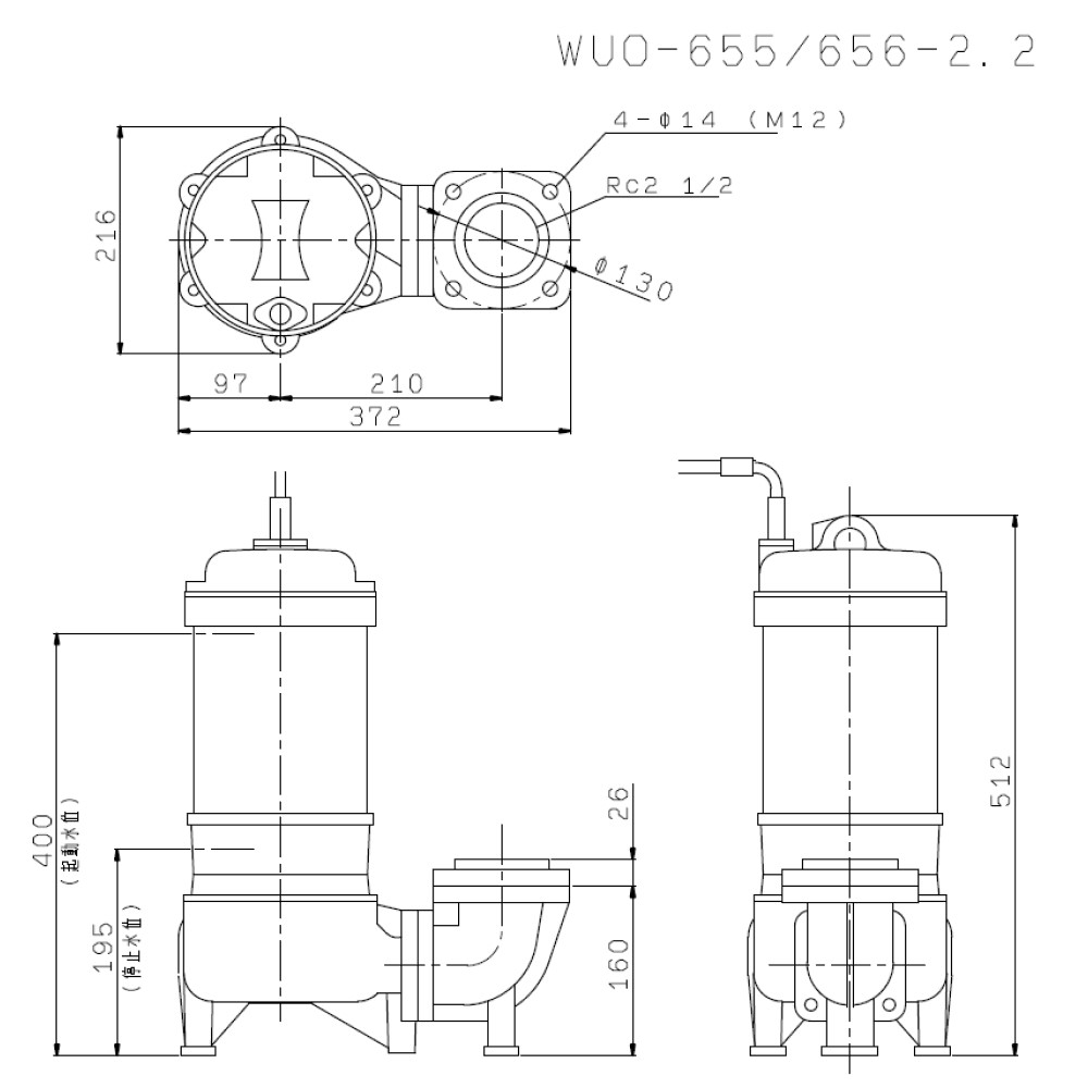 川本ポンプ 汚水・汚物水中ポンプ ZU3形 60Hz 自動型 フランジタイプ ZU3-806-2.2L