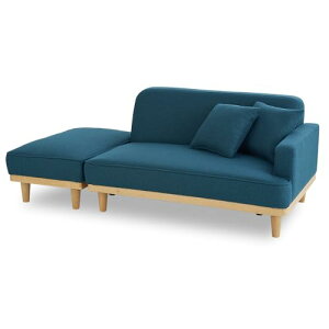 ソファ、2人掛けソファ、幅110 cm、フットスツール付き、クッション2個付き、組み立て簡単、自由なレイアウト、1人用としても使用可能、ブルー