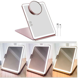 ミラー LEDメイクアップミラー 折りたたみ鏡 大きい卓上鏡 マグネティック取り外し可能 10倍拡大鏡付き 照明付き化粧鏡 女優ミラー HD化粧鏡 3色無段階調光 持ち運び トラベルミラー