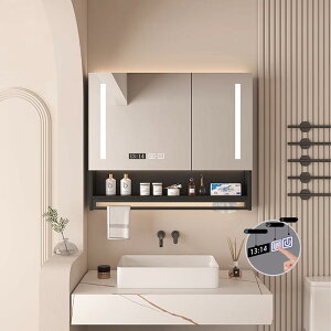 LEDバスルームのミラーキャビネット 多機能 曇り取り 時間表示 壁掛け式バスルーム鏡キャビネット ティッシュ置き タオルバー付き