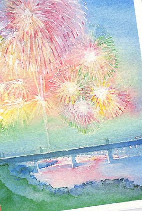 楽天市場 夜空 大花火３ 淀川花火 ポストカード 絵葉書 絵はがき 夏 花火 風物詩 橋 川面に映る花火 大阪 水彩画 風景画 タニムラ ポストカード ストア