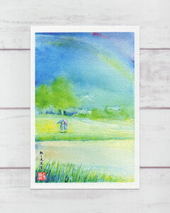 虹と大文字 ( 夏の鴨川 新緑 水辺 空 雨上がり 傘を差す子供 京都 水彩画 風景画 )★当店オリジナル★