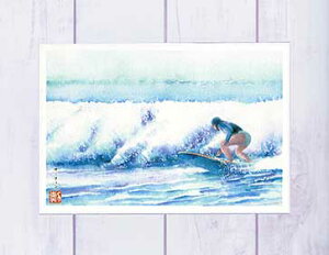 波とサーフィン1 ( 夏 海 波乗り サーフボード サーファー 海の風景 ブルー 鎌倉 湘南 神奈川 水彩画 )★当店オリジナル★