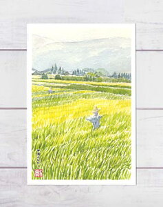 田園のかかし ( 秋 田んぼ 稲穂 かかし 案山子 ノスタルジック 嵯峨野 京都 水彩画 風景画 ) ★当店オリジナル★