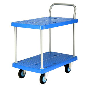 カナツー プラスチック手押し台車 PLA250Y-T2-DS テーブル2段式 ストッパー付