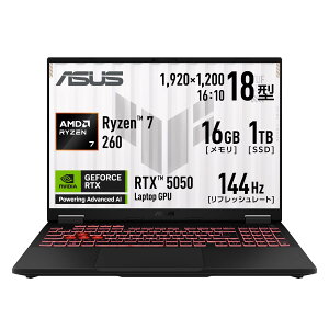 ASUS �Q�[�~���O�m�[�gPC TUF Gaming A18 FA808UH 18�C���` GeForce RTX 5050 AMD Ryzen 7 260 ������ 16GB SSD 1TB ���t���b�V�����[�g144Hz �C���~�l�[�g�L�[�{�[�h Windows 11 �o�b�e���[�쓮 18.0���� �d�� 2.6kg ����