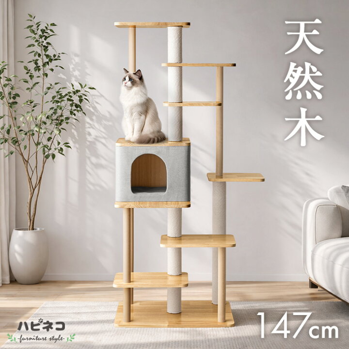楽天市場】天然木 キャットタワー 木製 147cm 据え置き 爪とぎ 猫 