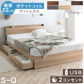 【本日クーポン5％引】 ベッド マットレス付き 収納付き すのこ ポケットコイルマットレス スマホスタンド USB コンセント付き マットレス付 引き出し付き シングル セミダブル ダブル クイーン ベッドフレーム マットレスセット マットレス付きベッド
