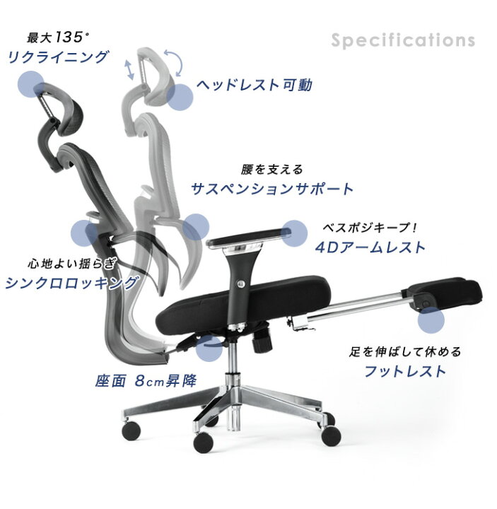 楽天市場】フットレスト付 4Dアームレスト 肘付 オフィスチェア 