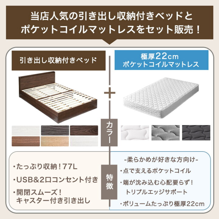 楽天市場】【20時~10％引クーポン】 ベッド マットレス付き 収納付き 