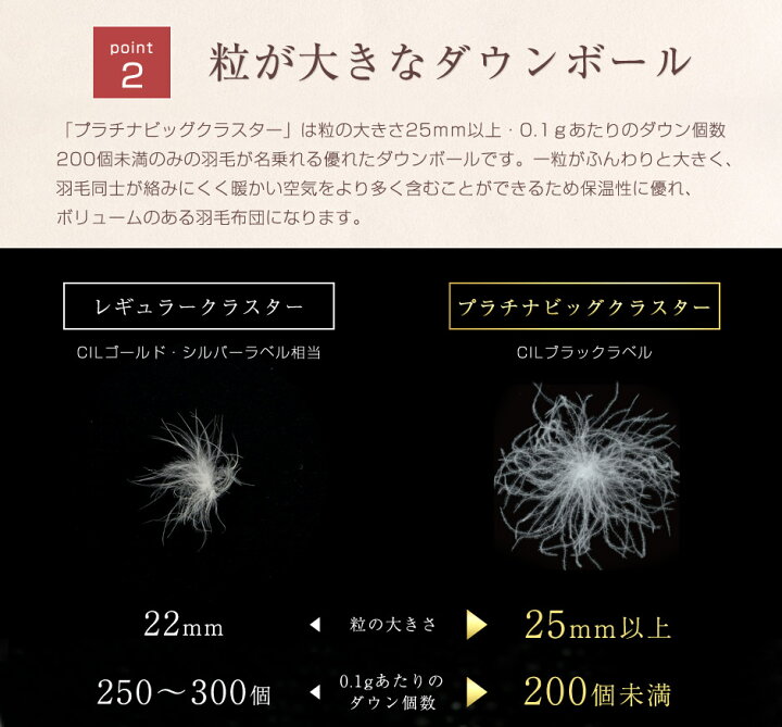 楽天市場 ダウンボールが大きく暖かい プラチナビッグクラスター 日本製 羽毛布団 ホワイト マザー ダック ダウン 95 440dp以上 かさ高180mm以上 Cilブラックラベル 新技術アレルgプラス シングル ロング 羽毛掛け布団 掛布団 タンスのゲン Design The Future
