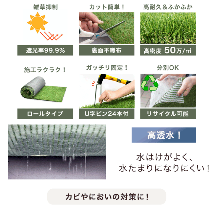 楽天市場】猛暑対応 防草機能付き 人工芝 防熱 水はけ4倍 防草