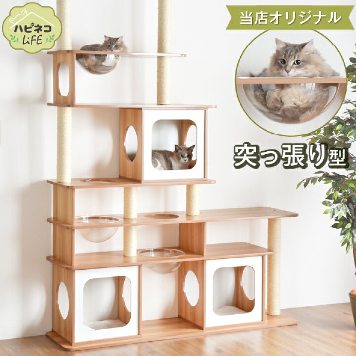 おしゃれ木製キャットタワー麻紐、透明 ボウル付きのハイタイプ