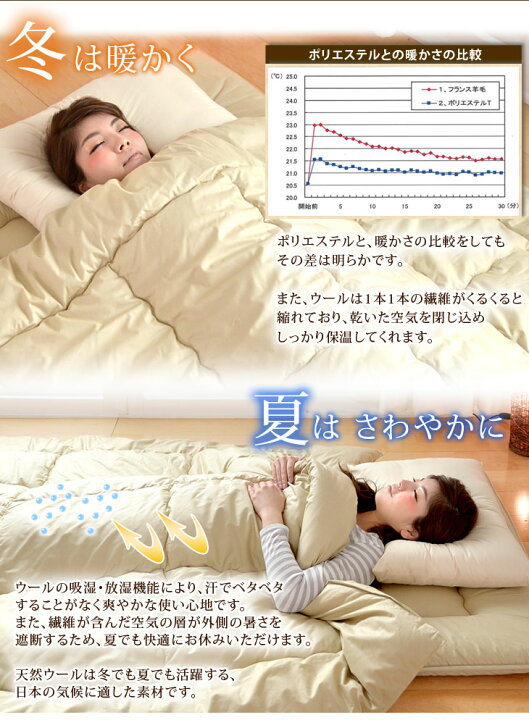 楽天市場】オールシーズン快適 羊毛掛布団 日本製 ウール100% 羊毛 掛け布団 シングルロング 掛布団 綿100% ウール 綿 100% 羊毛掛け布団 防臭 抗菌 保温 吸湿 発熱 フランス産 シングル 掛け 布団 国産 オールシーズン : タンスのゲン Design the Future 楽天市場】オールシーズン快適 羊毛掛布団 日本製 ウール100% 羊毛 掛け布団 シングルロング 掛布団 綿100% ウール 綿 100% 羊毛掛け布団 防臭 抗菌 保温 吸湿 発熱 フランス産 シングル 掛け 布団 国産 オールシーズン : タンスのゲン Design the Future