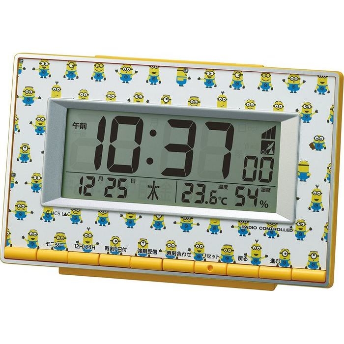 送料無料 リズム時計 ミニオン 電波時計 目覚まし時計 新入荷 未使用品 電子音アラーム 湿度 カレンダー R221 8RZ221ME33 温度
