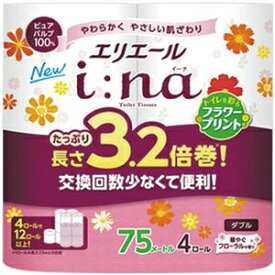 大王製紙 エリエールi：na（イーナ）トイレットティシュー 3.2倍巻 フラワープリント ダブル 芯あり 75m 1セット（64ロール：4ロール×16パック） ds-2509988