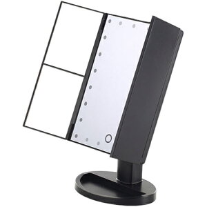 アクトレスミラー24LED ブラック KW034-BK【納期目安:1週間】 LEDライト 10倍鏡 タッチセンサースイッチ 三面鏡 顔全体チェック 2倍拡大 明るさ調整 夜間利用 コンパクト