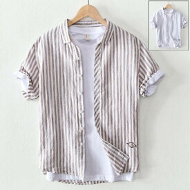 半袖シャツ リネンシャツ メンズ ストライプ柄 カジュアルシャツ ゆったり風 麻生地トップス 夏品